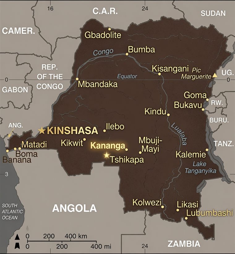 Map indicating Kananga and the Kasai region